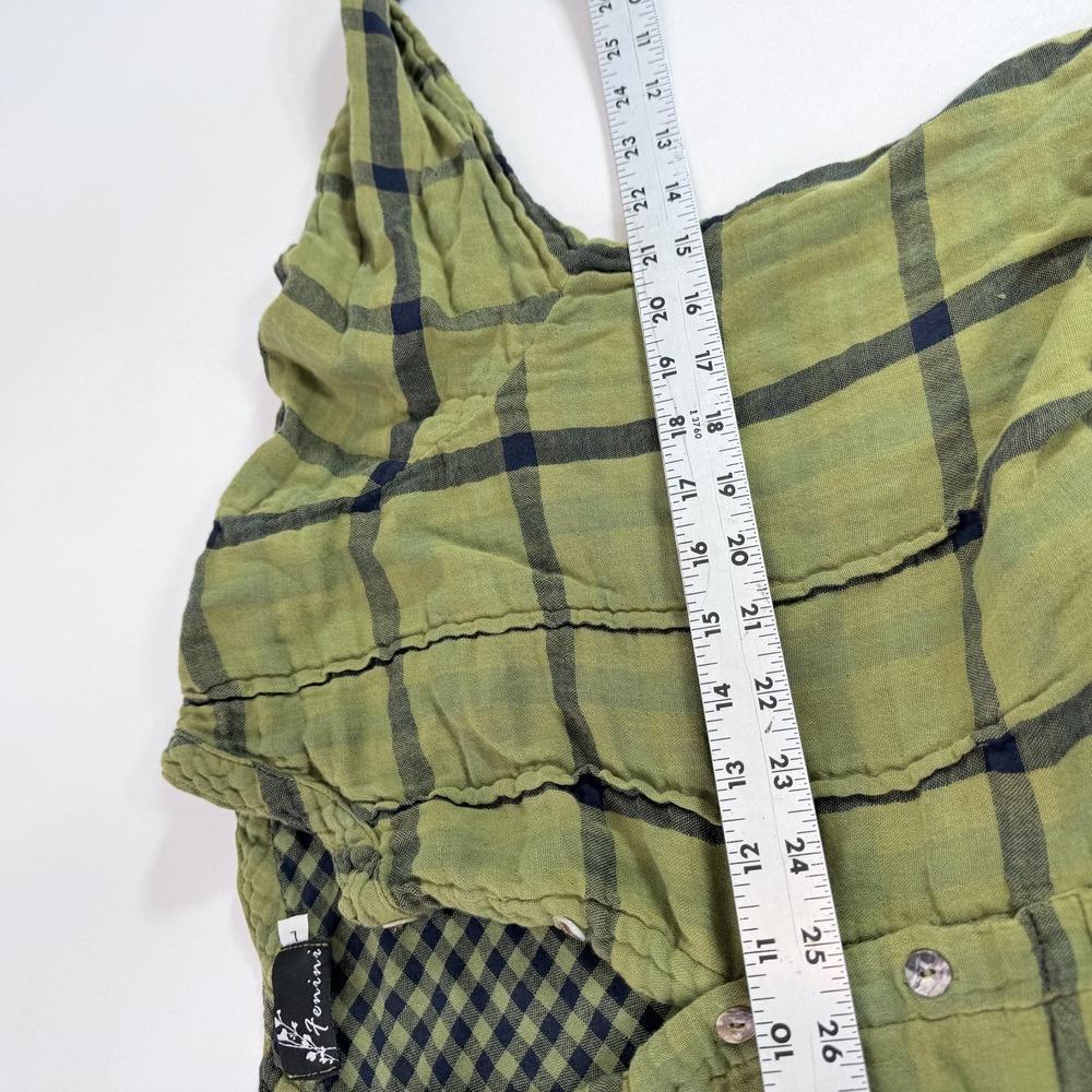Fenini Blouse Womens Large Green Plaid Henley Tunic Long Sleeve Boho Top - Picture 4 of 7